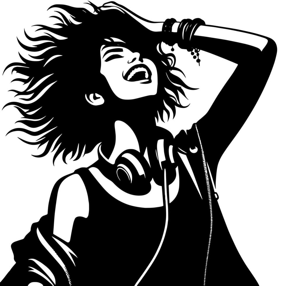 noir et blanc illustration de une punk femme est dansant et tremblement dans une réussi pose vecteur