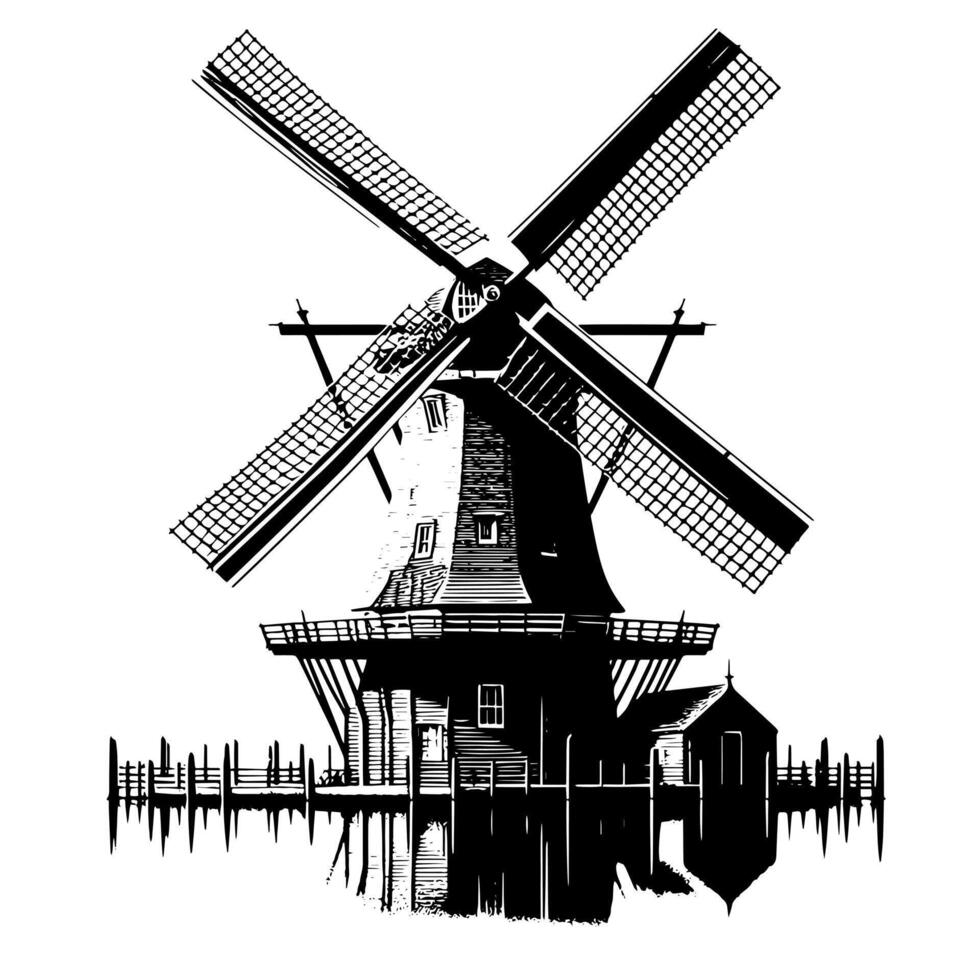 noir et blanc illustration de une traditionnel vieux Moulin à vent dans Hollande vecteur