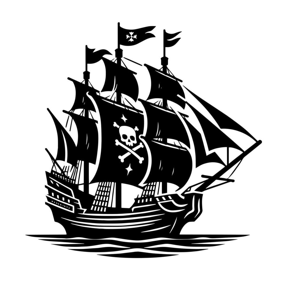 noir et blanc illustration de pirate navire vecteur