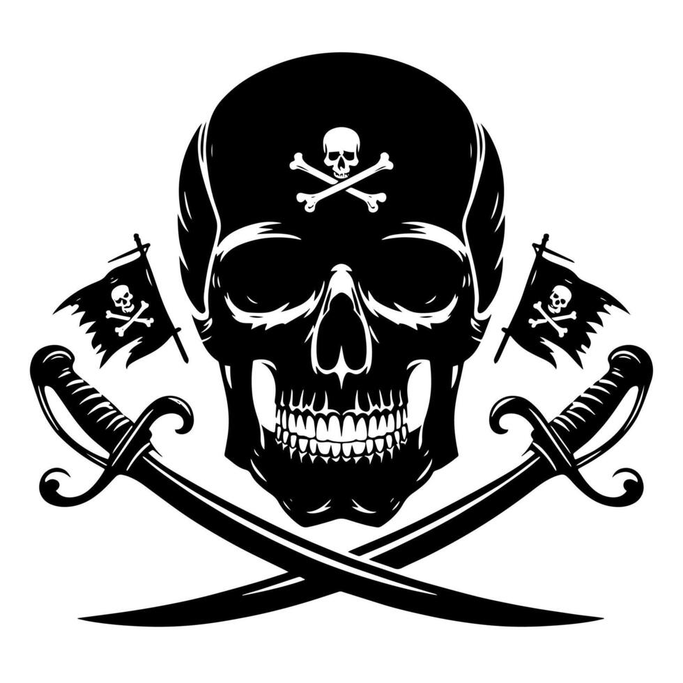 noir et blanc illustration de pirate symbole avec épées et chapeau vecteur