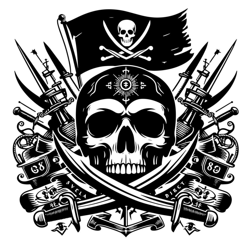 noir et blanc illustration de pirate symbole avec épées et chapeau vecteur