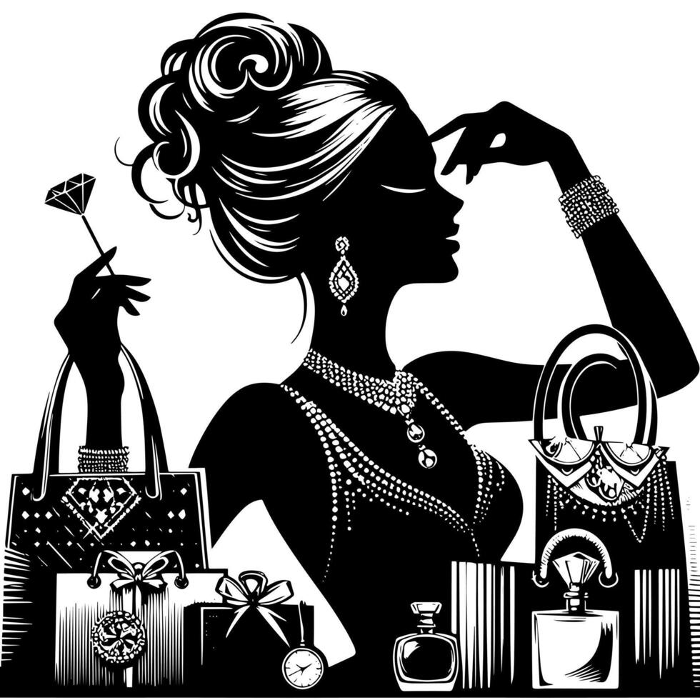 noir et blanc illustration de une chanceux luxueux achats Dame avec Sacs et diamants et parfum vecteur