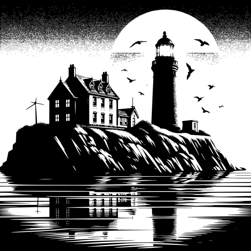 noir et blanc illustration de une traditionnel vieux phare sur le rochers vecteur