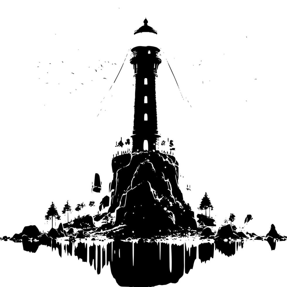 noir et blanc illustration de une traditionnel vieux phare sur le rochers vecteur