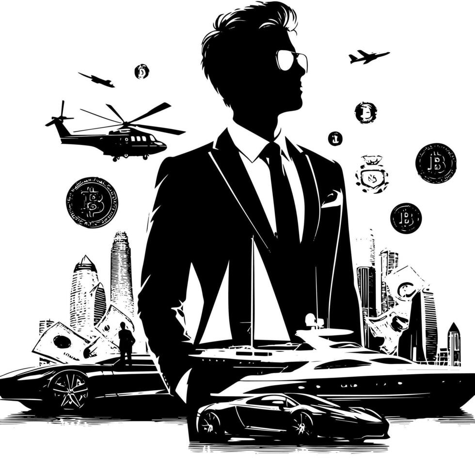 noir et blanc illustration de une réussi affaires homme avec argent voitures les filles et luxus vecteur