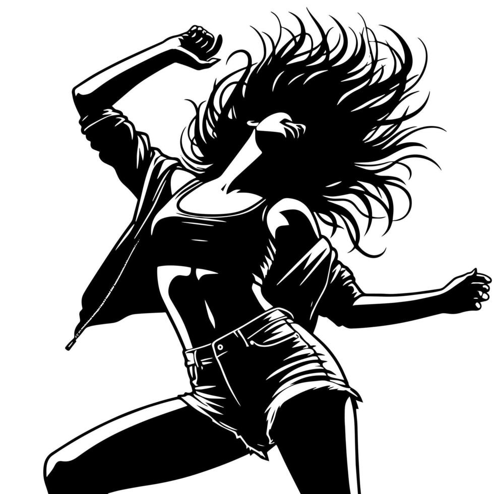 noir et blanc illustration de une punk femme est dansant et tremblement dans une réussi pose vecteur