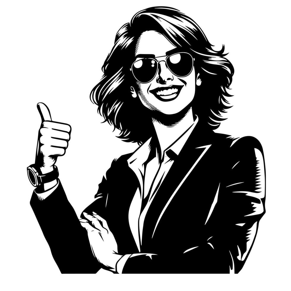 noir et blanc illustration de une femme dans affaires costume est montrant le les pouces en haut signe vecteur