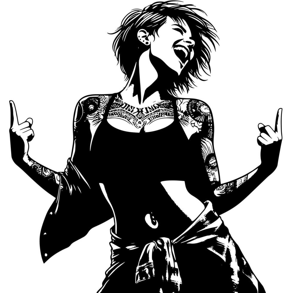 noir et blanc illustration de une punk femme est dansant et tremblement dans une réussi pose vecteur