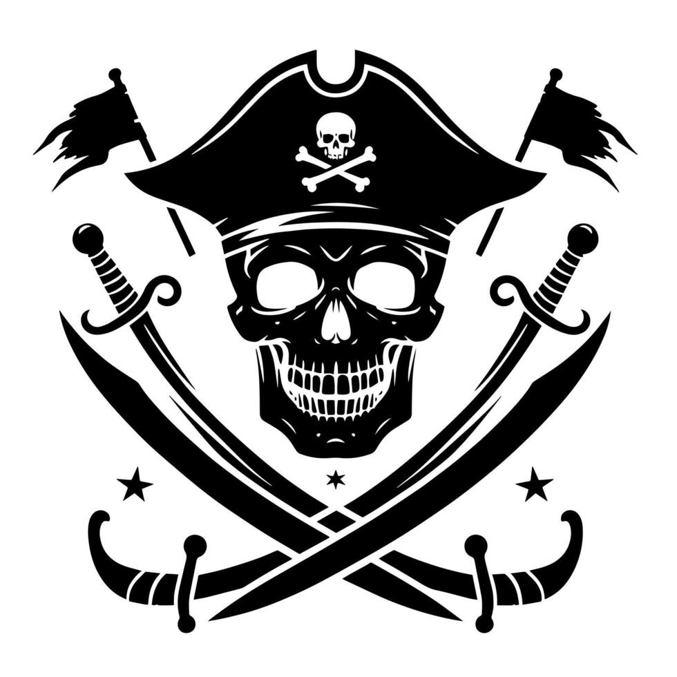 noir et blanc illustration de pirate symbole avec épées et chapeau vecteur