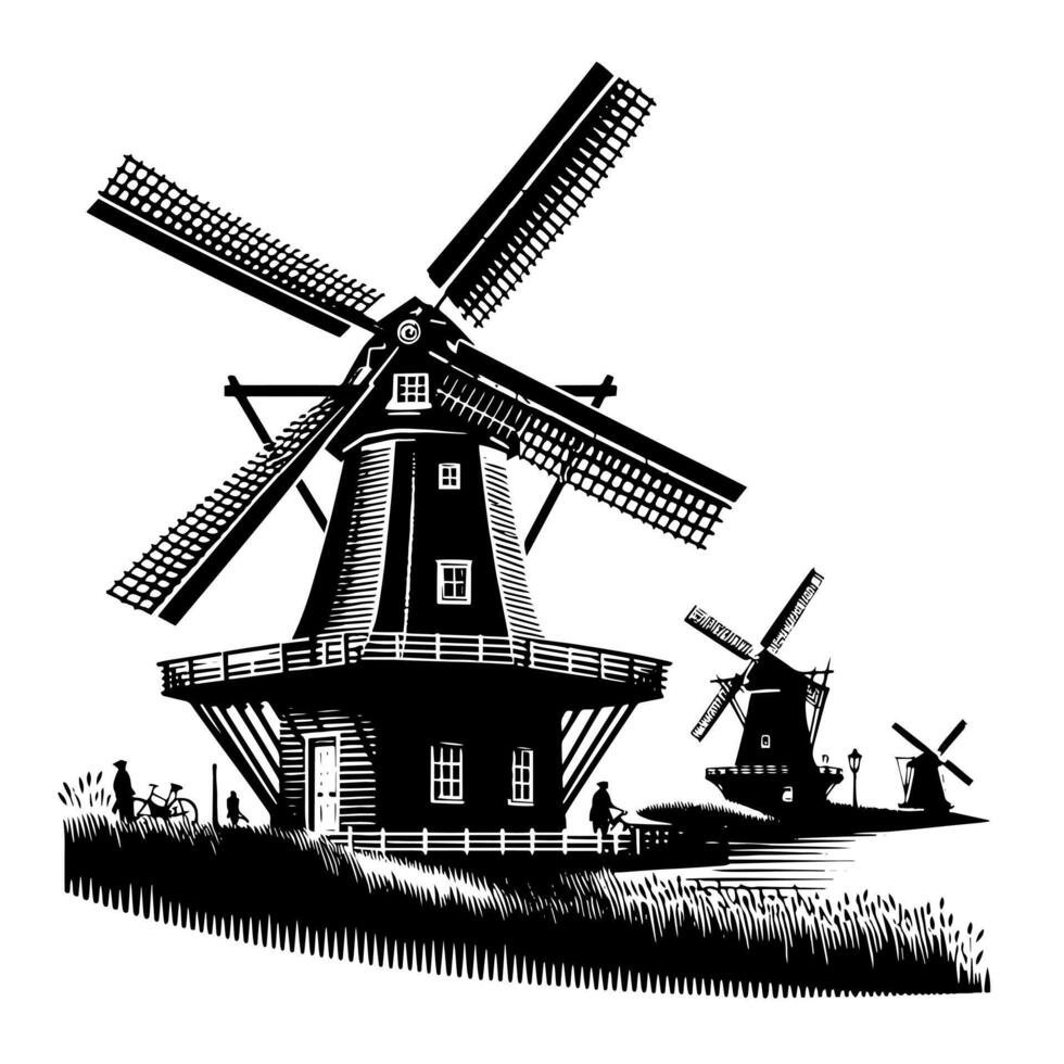 noir et blanc illustration de une traditionnel vieux Moulin à vent dans Hollande vecteur