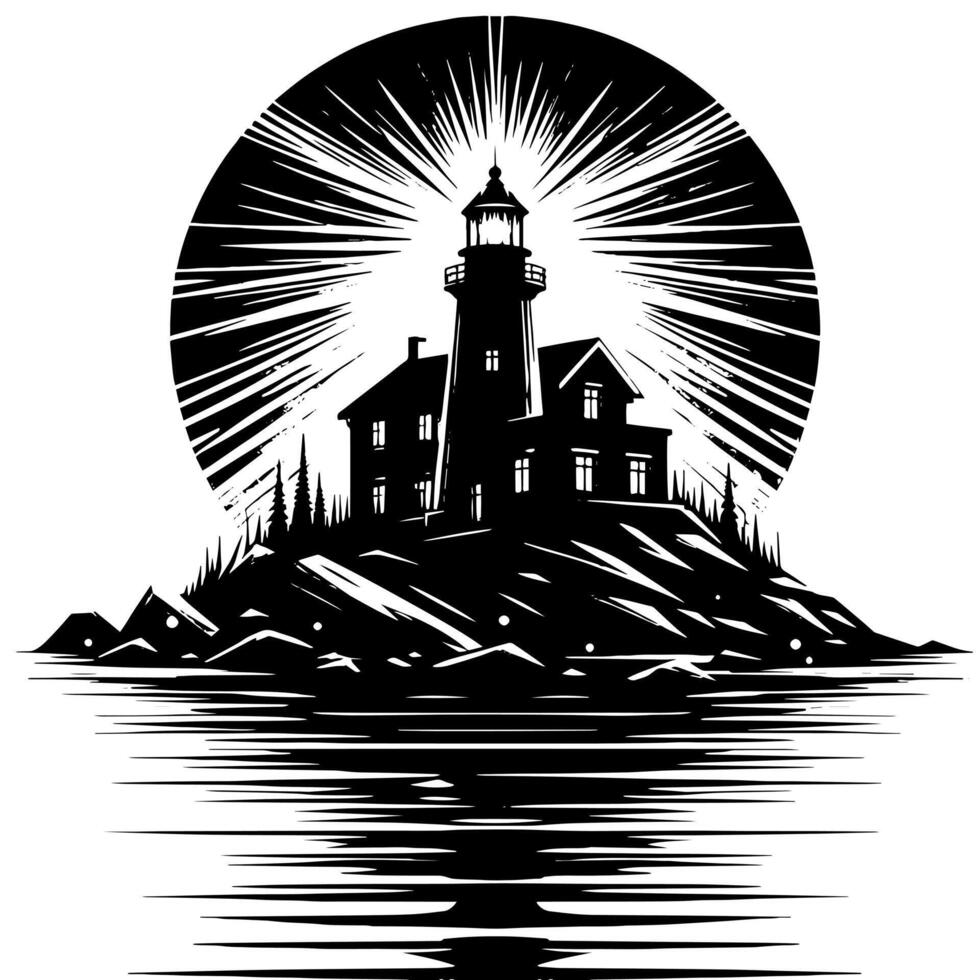 noir et blanc illustration de une traditionnel vieux phare sur le rochers vecteur