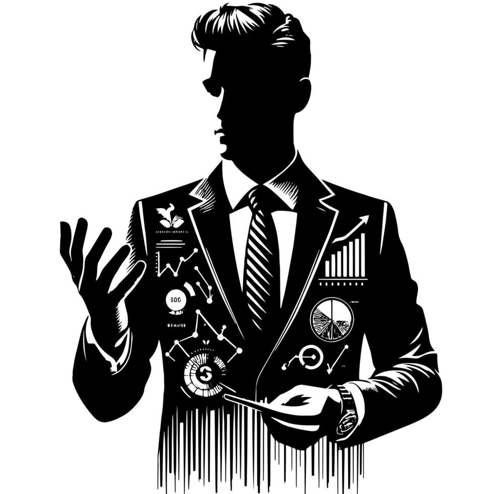 noir et blanc illustration de une réussi affaires homme avec argent voitures et luxus vecteur