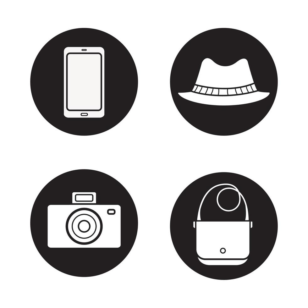 ensemble d'icônes d'accessoires pour hommes. smartphone, appareil photo, chapeau homurg pour hommes et sac à main en cuir. accessoires de voyage. illustrations vectorielles blanches dans des cercles noirs vecteur