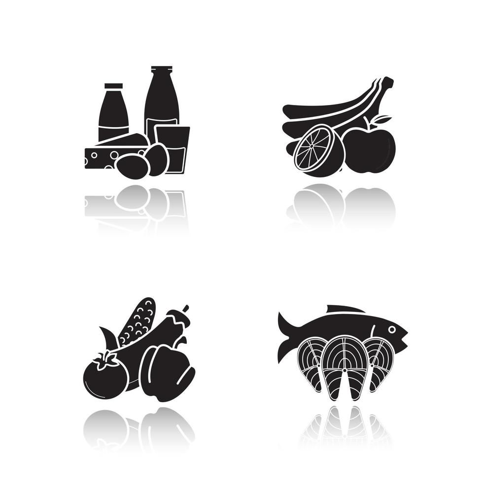produits d'épicerie drop shadow set d'icônes noires. catégories d'aliments. produits laitiers, fruits de mer, fruits et légumes. illustrations vectorielles isolées vecteur
