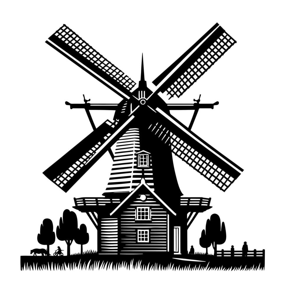 noir et blanc illustration de une traditionnel vieux Moulin à vent dans Hollande vecteur