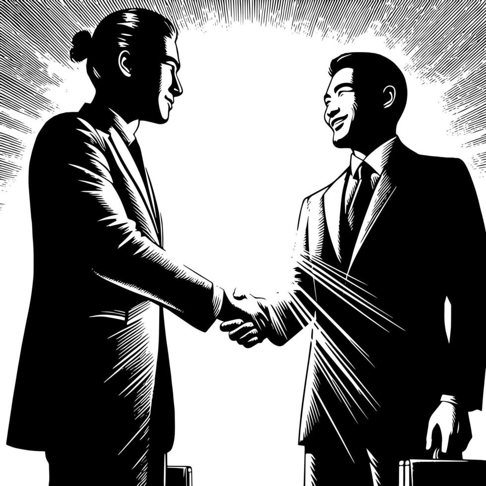 noir et blanc illustration de une poignée de main entre deux affaires Hommes dans costume vecteur