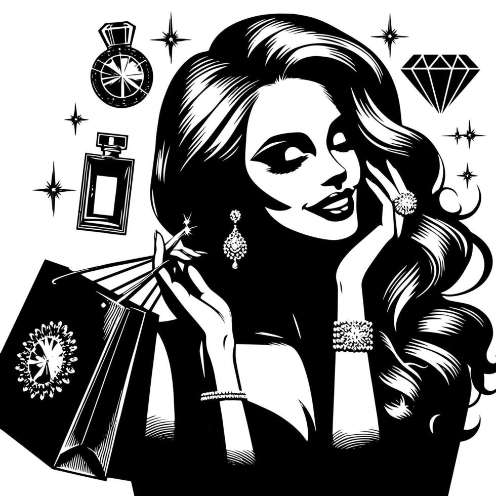 noir et blanc illustration de une chanceux luxueux achats Dame avec Sacs et diamants et parfum vecteur