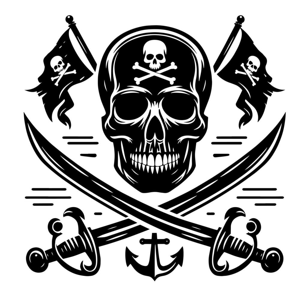 noir et blanc illustration de pirate symbole avec épées et chapeau vecteur