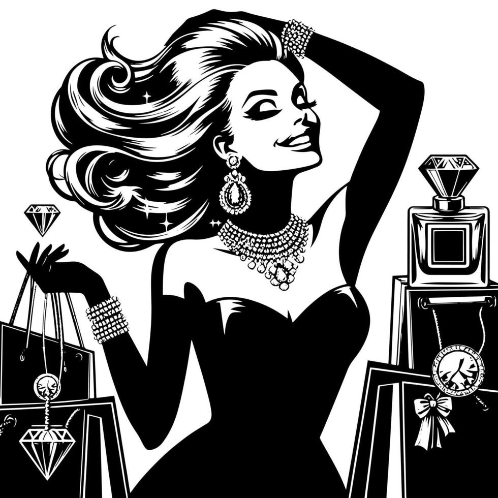 noir et blanc illustration de une chanceux luxueux achats Dame avec Sacs et diamants et parfum vecteur