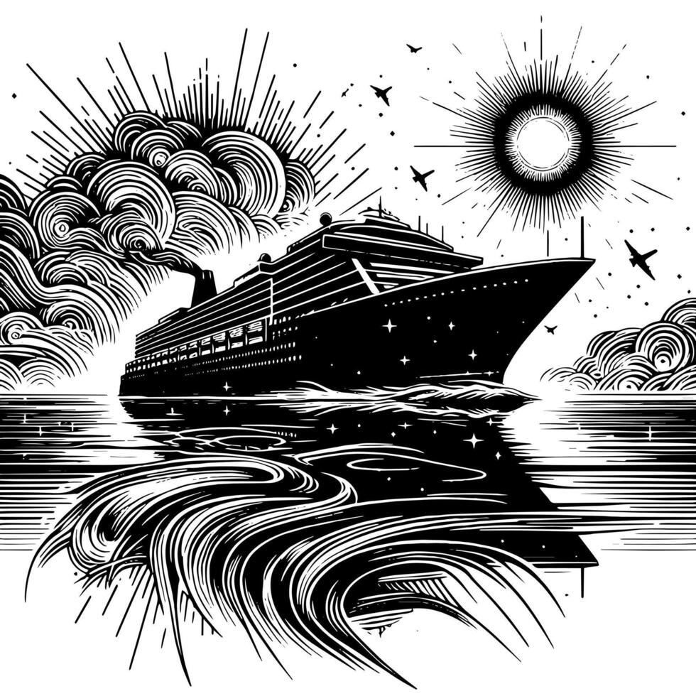 noir et blanc illustration de une océan doublure à le mer vecteur