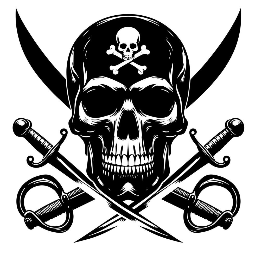 noir et blanc illustration de pirate symbole avec épées et chapeau vecteur