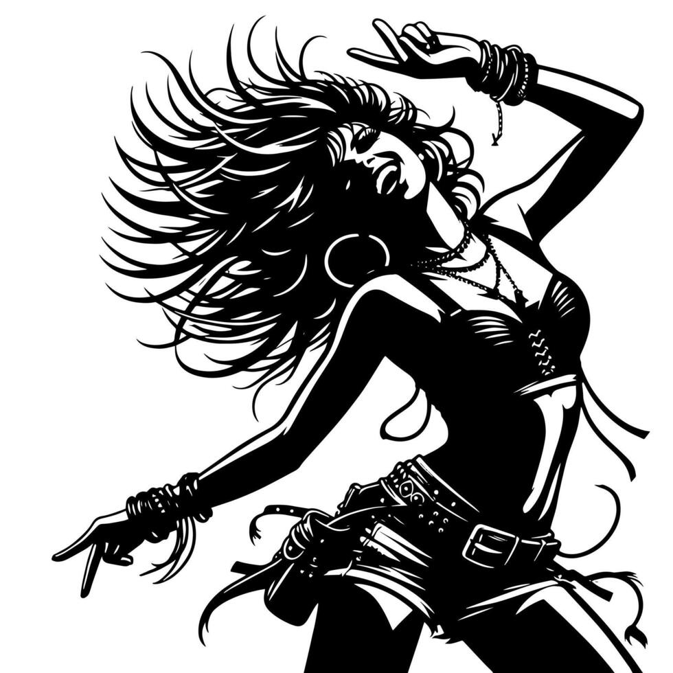 noir et blanc illustration de une punk femme est dansant et tremblement dans une réussi pose vecteur