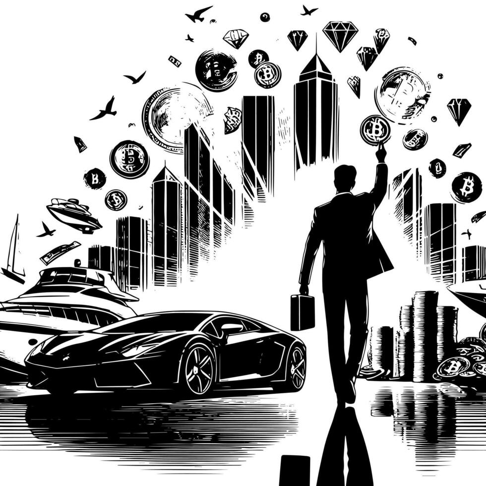 noir et blanc illustration de une réussi affaires homme avec bitcoins argent voitures et luxus vecteur