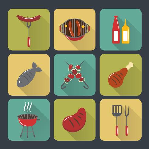 Bbq grill icons set plat vecteur