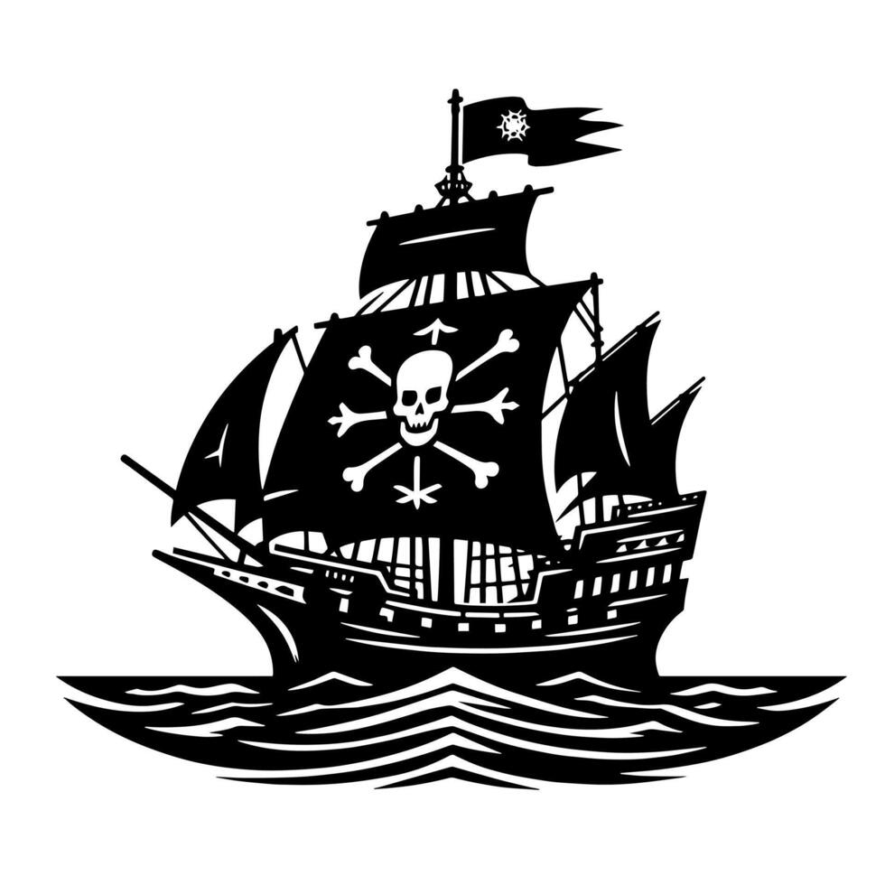 noir et blanc illustration de pirate navire vecteur
