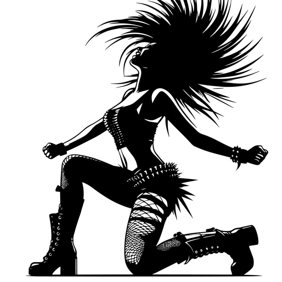 noir et blanc illustration de une punk femme est dansant et tremblement dans une réussi pose vecteur