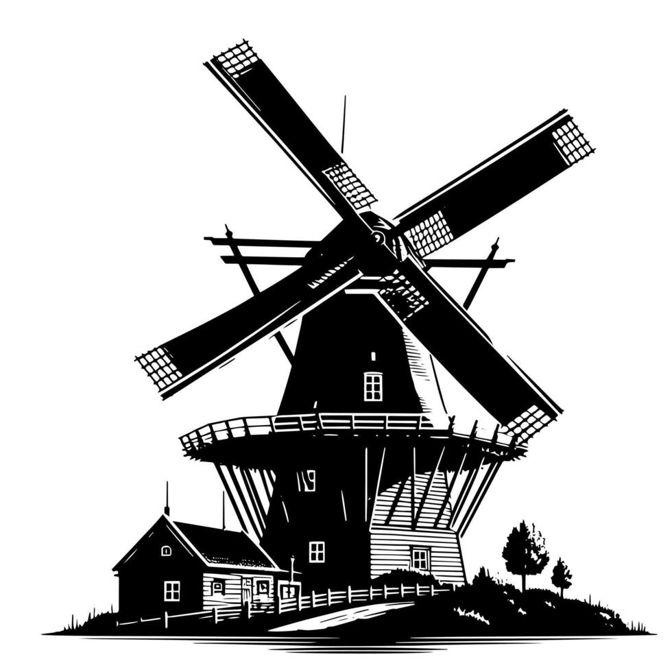 noir et blanc illustration de une traditionnel vieux Moulin à vent dans Hollande vecteur