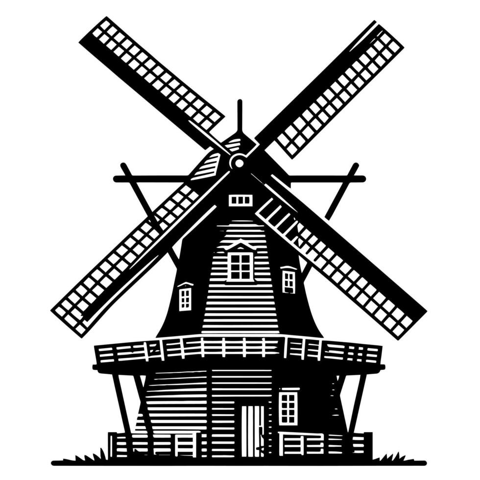 noir et blanc illustration de une traditionnel vieux Moulin à vent dans Hollande vecteur