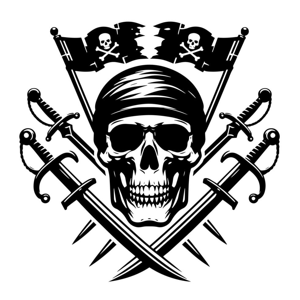 noir et blanc illustration de pirate symbole avec épées et chapeau vecteur