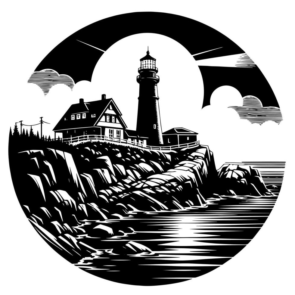 noir et blanc illustration de une traditionnel vieux phare sur le rochers vecteur