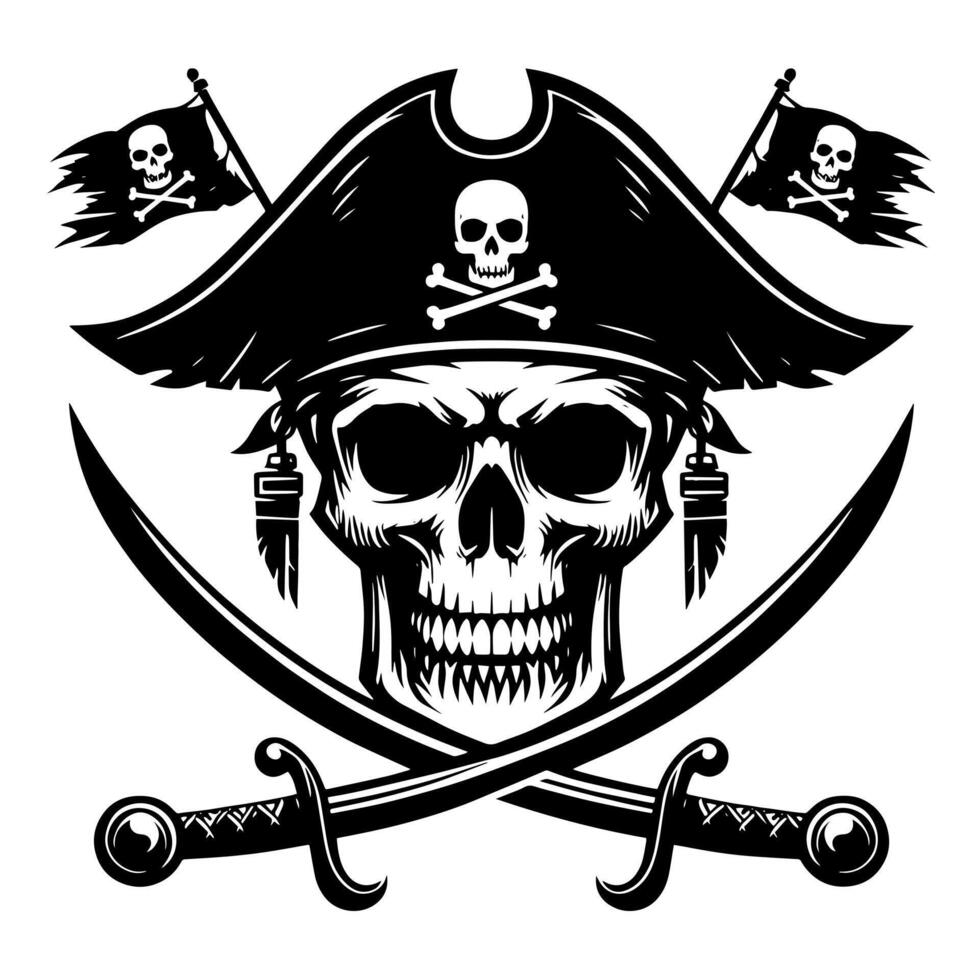 noir et blanc illustration de pirate symbole avec épées et chapeau vecteur