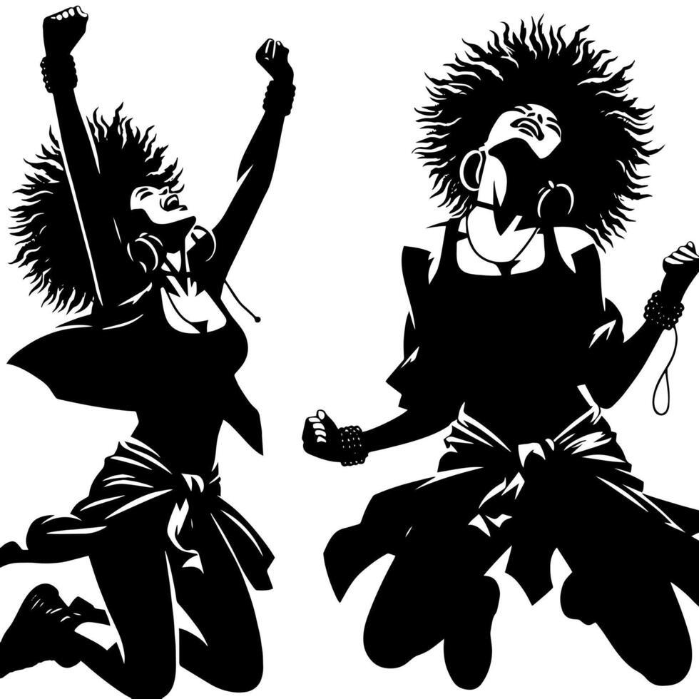 noir et blanc illustration de une punk femme est dansant et tremblement dans une réussi pose vecteur