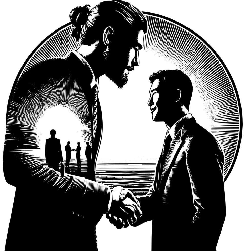 noir et blanc illustration de une poignée de main entre deux affaires Hommes dans costume vecteur