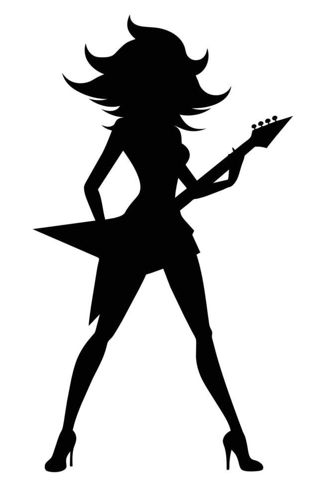 femelle rock star bébé guitare silhouette posant vecteur
