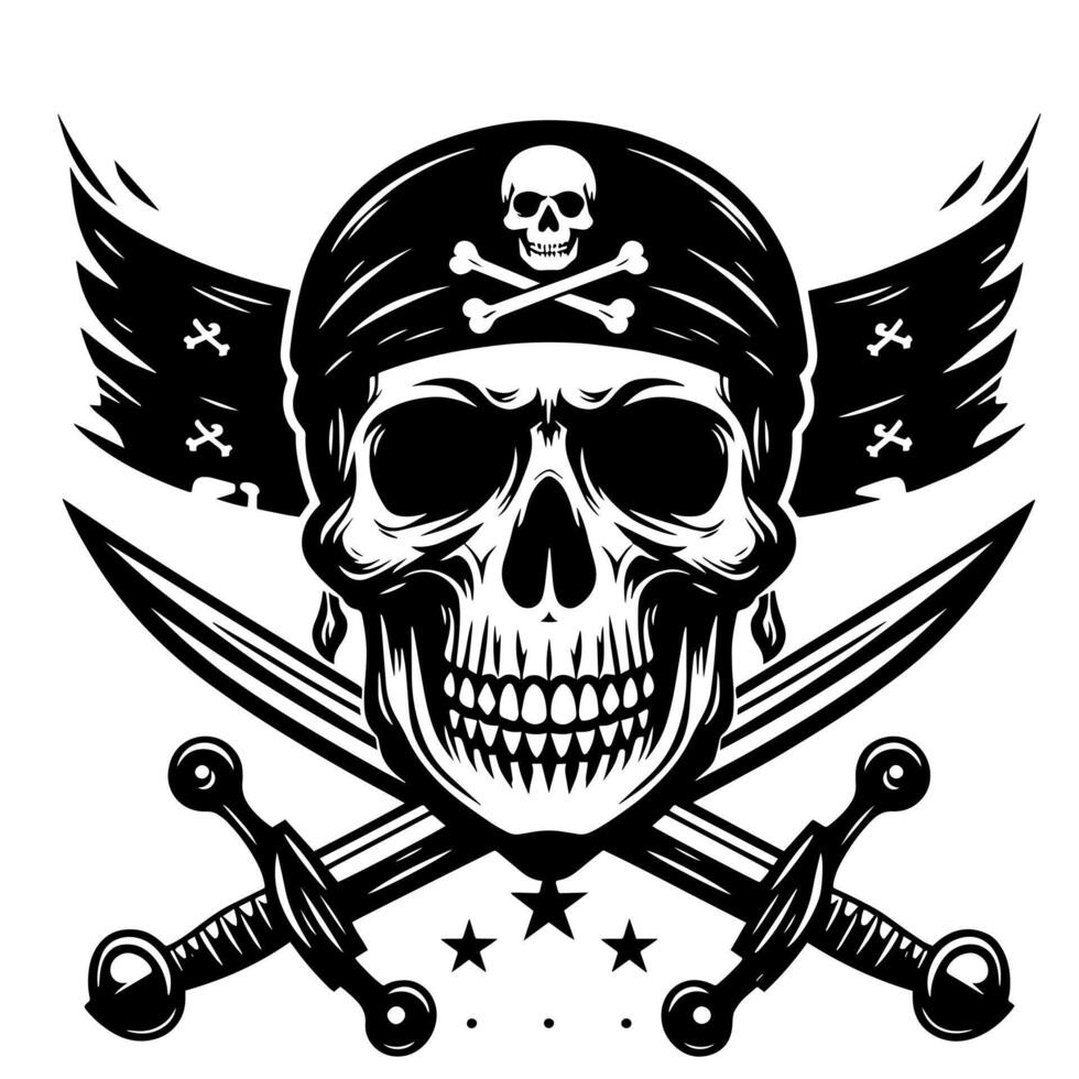 noir et blanc illustration de pirate symbole avec épées et chapeau vecteur