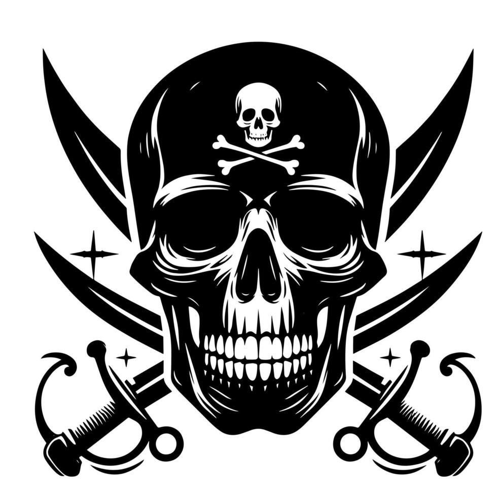 noir et blanc illustration de pirate symbole avec épées et chapeau vecteur