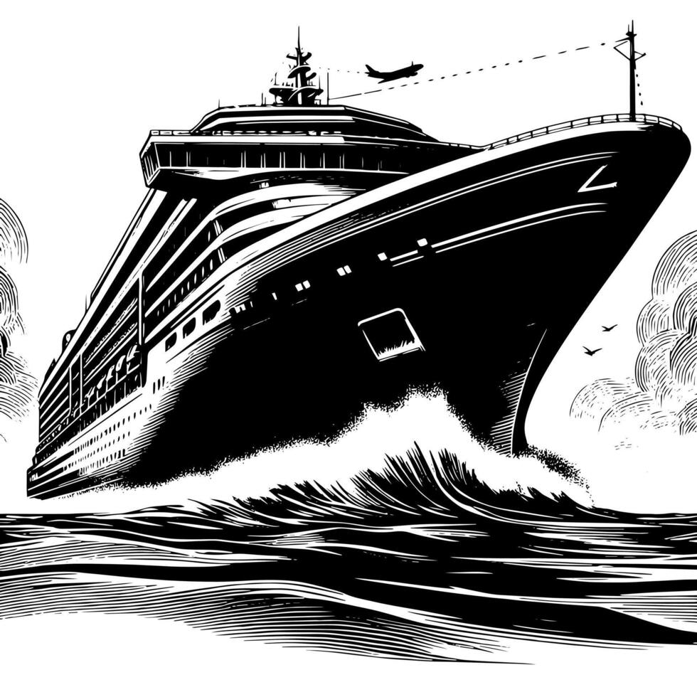 noir et blanc illustration de une océan doublure à le mer vecteur