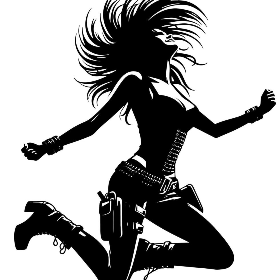 noir et blanc illustration de une punk femme est dansant et tremblement dans une réussi pose vecteur