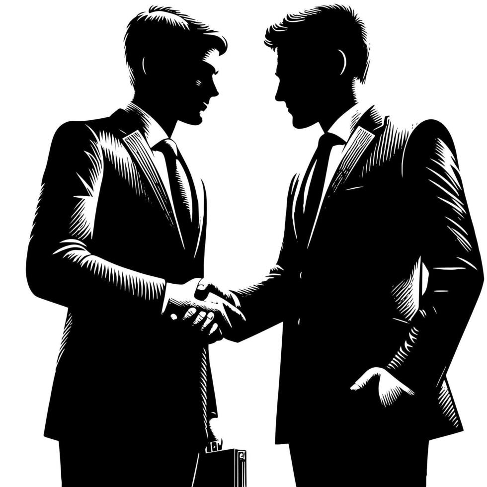 noir et blanc illustration de une poignée de main entre deux affaires Hommes dans costume vecteur