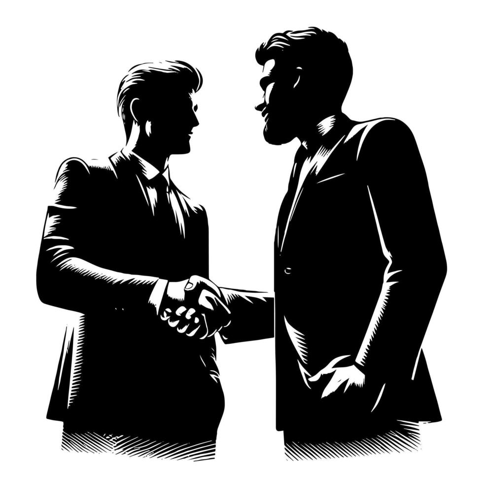 noir et blanc illustration de une poignée de main entre deux affaires Hommes dans costume vecteur