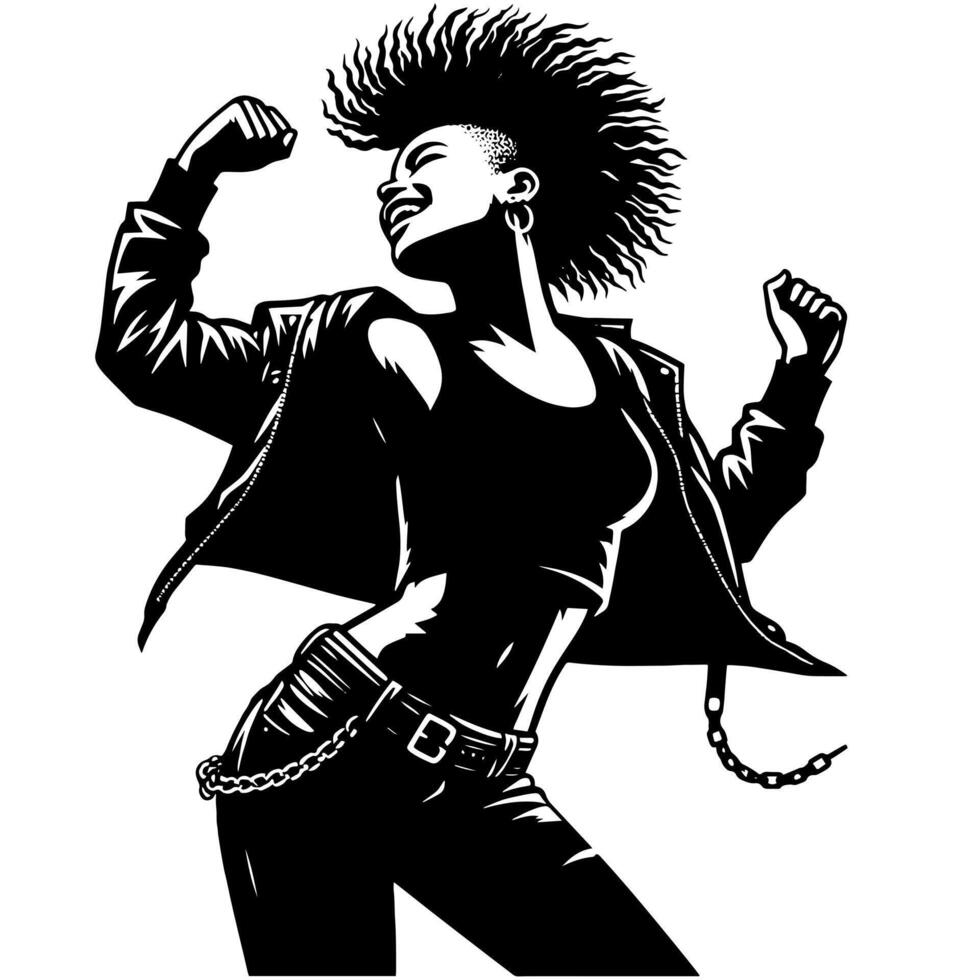 noir et blanc illustration de une punk femme est dansant et tremblement dans une réussi pose vecteur