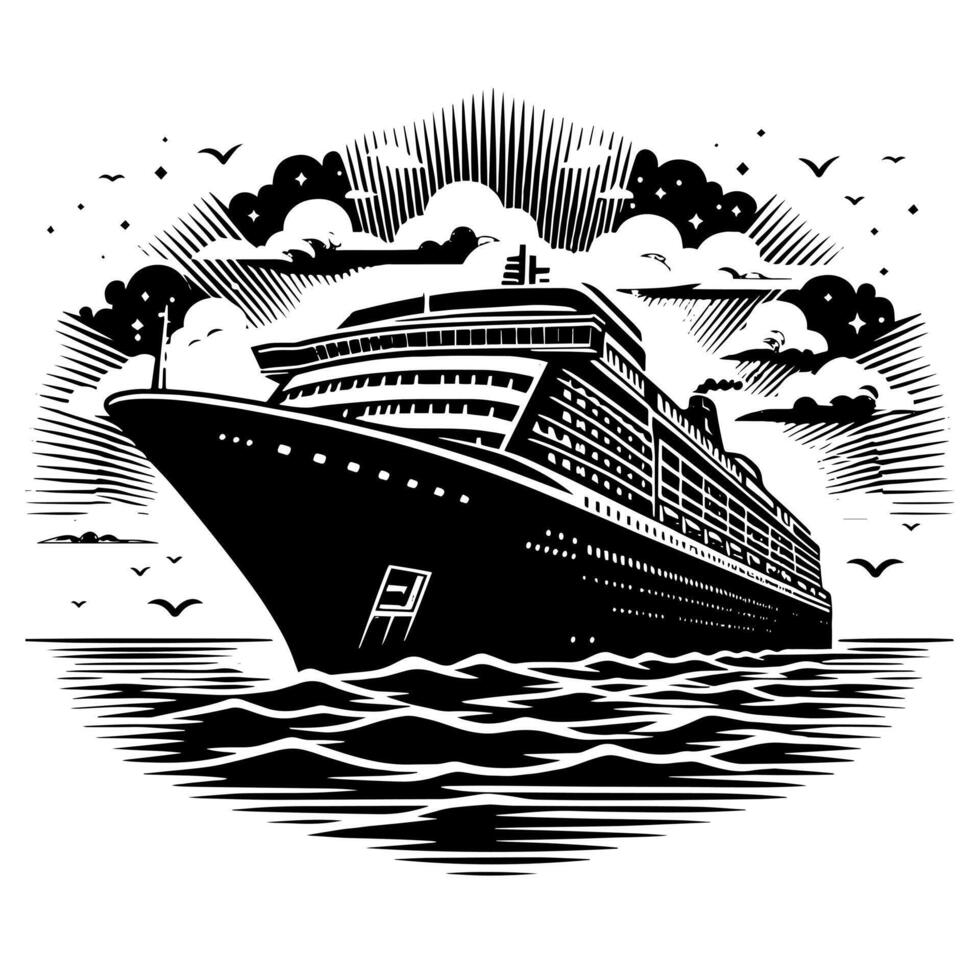 noir et blanc illustration de une océan doublure à le mer vecteur