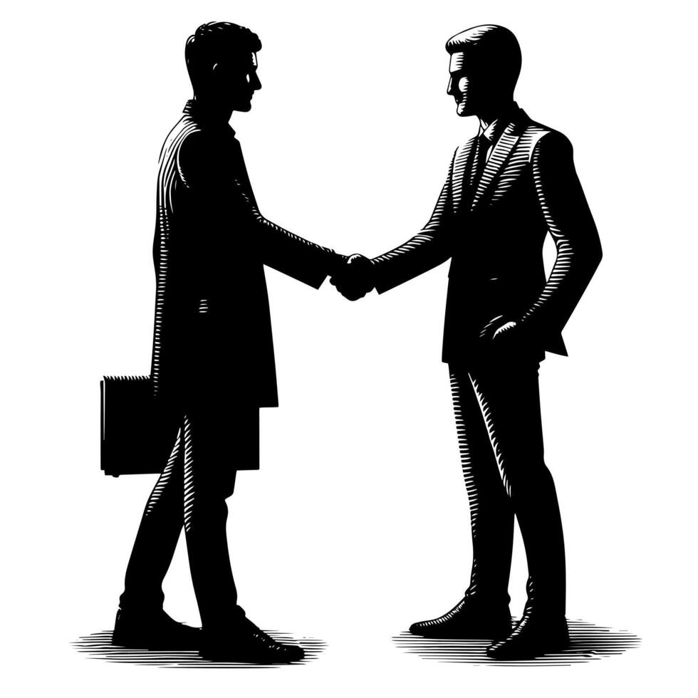 noir et blanc illustration de une poignée de main entre deux affaires Hommes dans costume vecteur