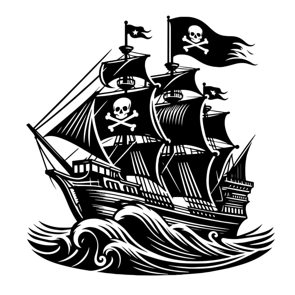 noir et blanc illustration de pirate navire vecteur