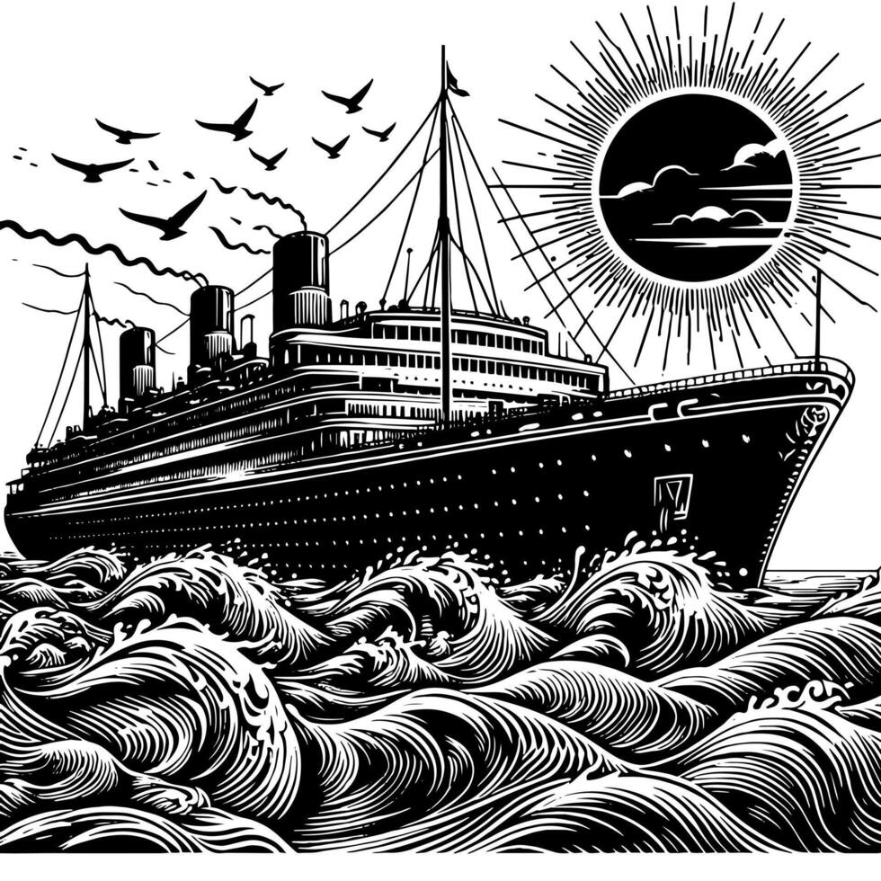 noir et blanc illustration de une océan doublure à le mer vecteur