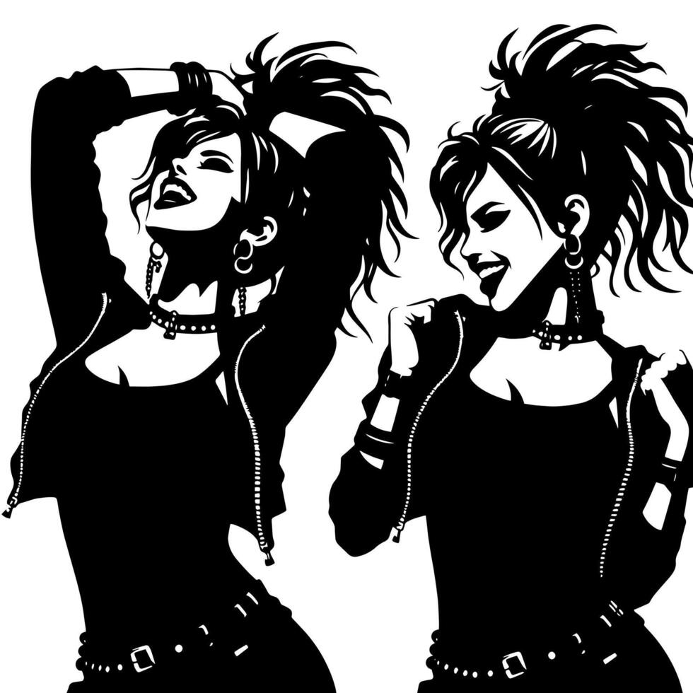 noir et blanc illustration de une punk femme est dansant et tremblement dans une réussi pose vecteur